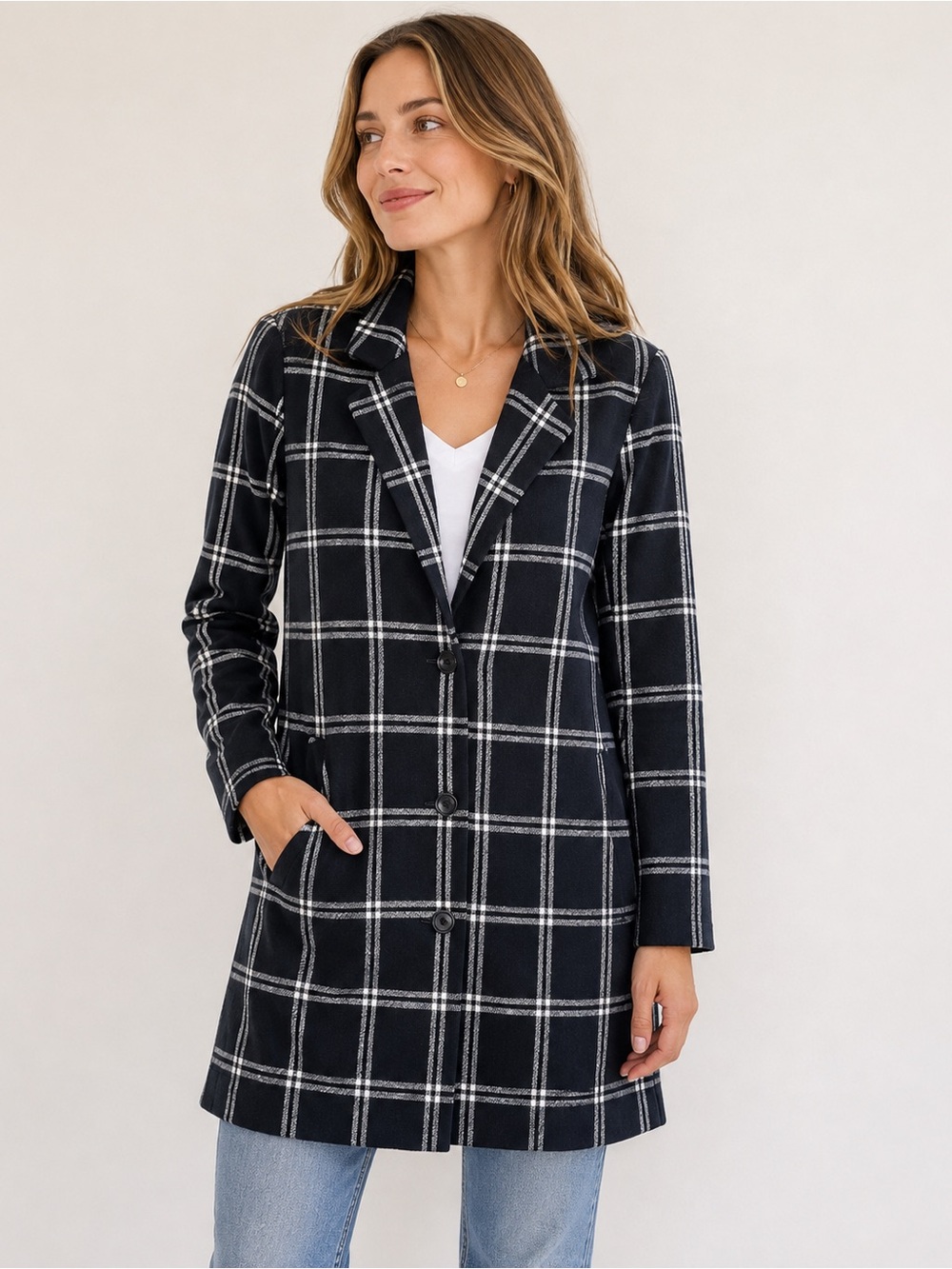 Haute Monde Women’s Navy White Plaid Long Blazer Coat 100% Cotton S-M